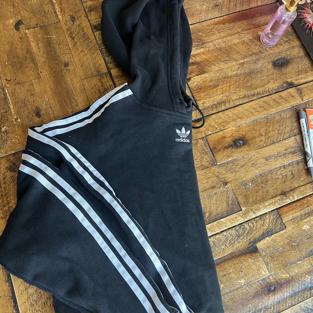 Adidas Black Hoodie with White Stripes pit 22 length 18 - Picture 5 of 5